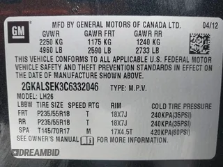 2012 GMC Terrain SLE-2 with VIN 2GKALSEK3C6332046, listed as a IAAI auction lot 41469604 with 164,948 mi miles. Bid and sale history available at carsss.com. Image 9.