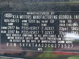 2012 Kia Sorento LX with VIN 5XYKT4A22CG273527, listed as a IAAI auction lot 41954603 with 309,018 mi miles. Bid and sale history available at carsss.com. Image 9.