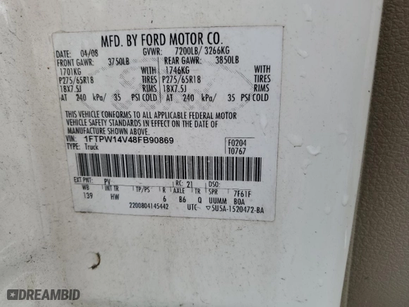 2008 Ford F-150 XLT with VIN 1FTPW14V48FB90869, listed as a Copart auction lot 53634114 with 180,996 mi miles and Salvage Title. Bid and sale history available at carsss.com. Image 14.