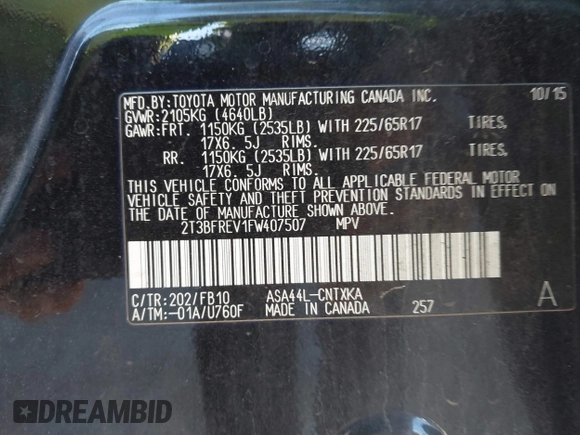 2015 Toyota RAV4 LE with VIN 2T3BFREV1FW407507, listed as a IAAI auction lot 41256709 with 156,177 mi miles. Bid and sale history available at carsss.com. Image 9.
