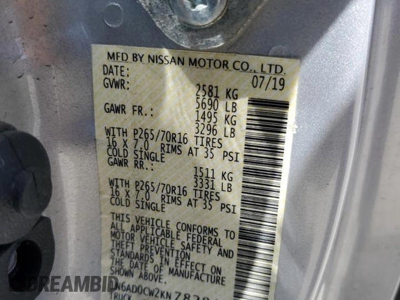 2019 Nissan Frontier SV with VIN 1N6AD0CW2KN782846, listed as a Copart auction lot 53981945 with 62,392 mi miles and Salvage title. Bid and sale history available at DreamBid. Image 13.