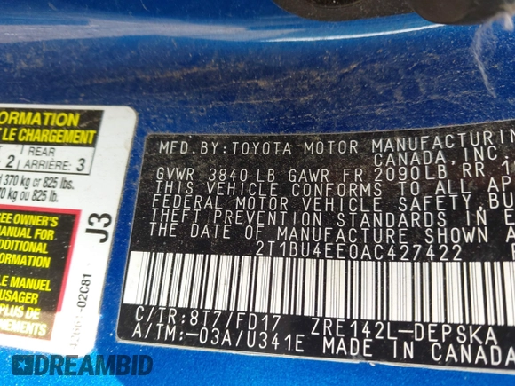 2010 Toyota Corolla с VIN 2T1BU4EE0AC427422, выставлен на аукционе IAAI как лот 42362080 с пробегом 259 723 миль миль и . История ставок и продаж доступна на DreamBid. Изображение 9.