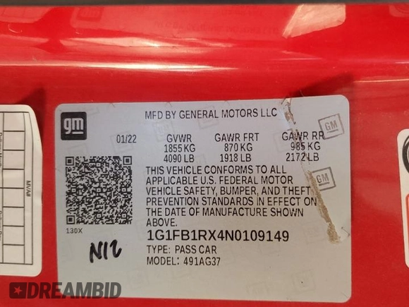 2022 Chevrolet Camaro 1LT z VIN 1G1FB1RX4N0109149, wystawiony jako Copart lot #54797905 z przebiegiem 59 371 mil mil oraz Szkoda całkowita • Salvage title. Historia ofert i sprzedaży dostępna na DreamBid. Obrazek 12.
