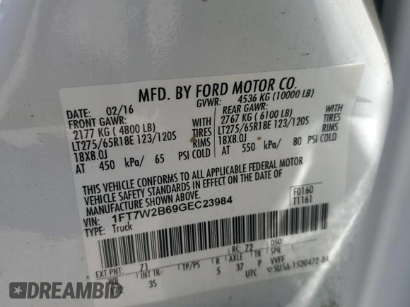 2016 Ford F-250 Lariat with VIN 1FT7W2B69GEC23984, listed as a Copart auction lot 55858085 with 70,203 mi miles and Salvage Title. Bid and sale history available at DreamBid. Image 12.