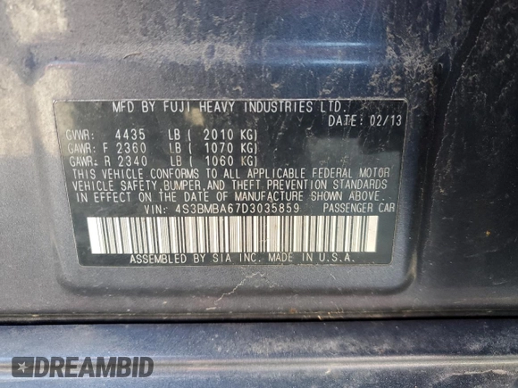 2013 Subaru Legacy 2.5i z VIN 4S3BMBA67D3035859, wystawiony jako Copart lot #52052765 z przebiegiem 197 732 mil mil oraz Szkoda całkowita • Salvage title. Historia ofert i sprzedaży dostępna na DreamBid. Obrazek 13.