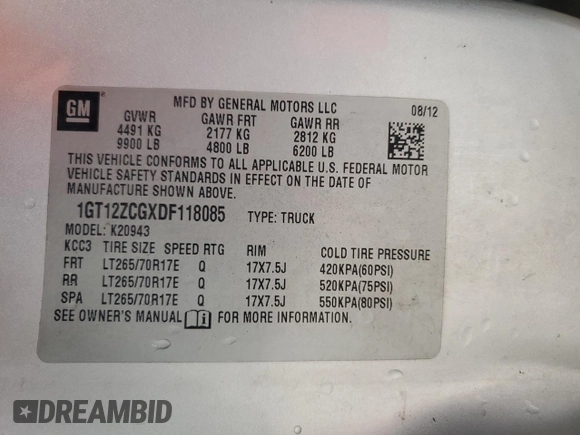 2013 GMC Sierra 2500HD Work Truck с VIN 1GT12ZCGXDF118085, выставлен на аукционе Copart как лот 59717505 с пробегом 187 063 миль миль и Списание • Salvage title. История ставок и продаж доступна на DreamBid. Изображение 12.