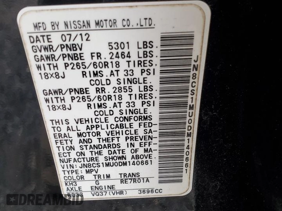 2013 Infiniti FX with VIN JN8CS1MU0DM140661, listed as a Copart auction lot 56652205 with Not provided miles and Salvage title. Bid and sale history available at DreamBid. Image 14.
