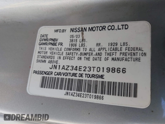 2003 Nissan 350Z Touring z VIN JN1AZ34E23T019866, wystawiony jako IAAI lot #41293510 z przebiegiem 118 416 mil mil oraz . Historia ofert i sprzedaży dostępna na DreamBid. Obrazek 9.