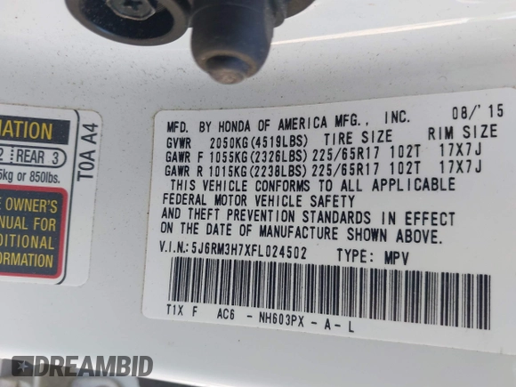 2015 Honda CR-V EX-L with VIN 5J6RM3H7XFL024502, listed as a IAAI auction lot 42056854 with 90,344 mi miles. Bid and sale history available at carsss.com. Image 9.