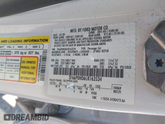 2020 Ford Fusion SE with VIN 3FA6P0HD6LR163534, listed as a IAAI auction lot 42586503 with 48,249 mi miles and . Bid and sale history available at DreamBid. Image 9.