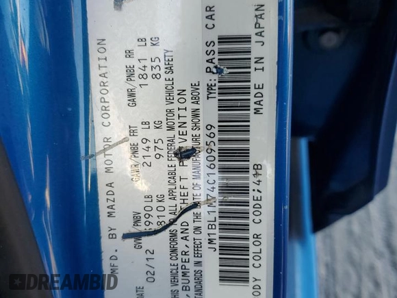 2012 Mazda 3 i Grand Touring with VIN JM1BL1M74C1609569, listed as a Copart auction lot 47108545 with 166,937 mi miles and Salvage Title. Bid and sale history available at DreamBid. Image 12.