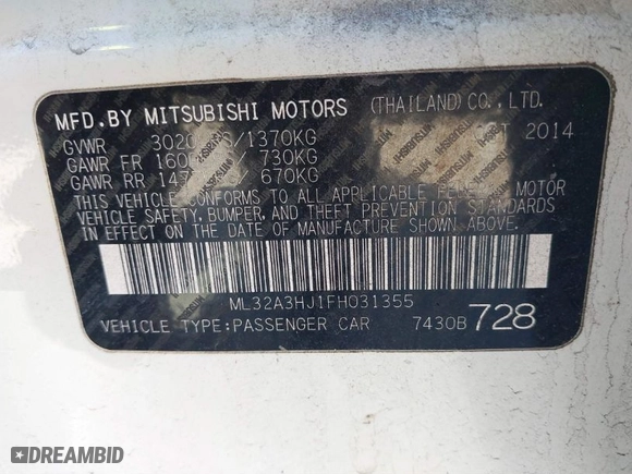 2015 Mitsubishi Mirage DE with VIN ML32A3HJ1FH031355, listed as a IAAI auction lot 41747772 with 96,234 mi miles. Bid and sale history available at carsss.com. Image 9.