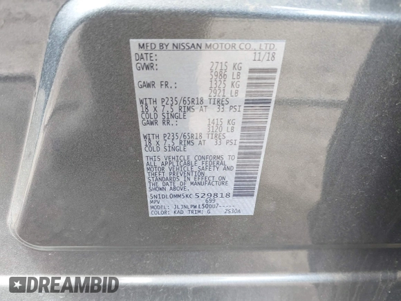 2019 Infiniti QX60 Luxe with VIN 5N1DL0MM5KC529818, listed as a IAAI auction lot 41785839 with 109,012 mi miles and . Bid and sale history available at DreamBid. Image 9.