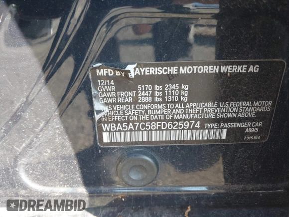 2015 BMW 5 Series 528i xDrive with VIN WBA5A7C58FD625974, listed as a IAAI auction lot 42193905 with 152,664 mi miles and . Bid and sale history available at carsss.com. Image 9.