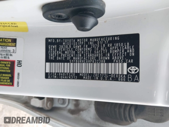 2017 Toyota Corolla L z VIN 5YFBURHE6HP632388, wystawiony jako IAAI lot #41299135 z przebiegiem 84 130 mil mil oraz . Historia ofert i sprzedaży dostępna na DreamBid. Obrazek 9.