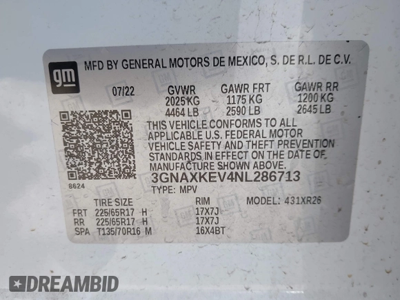 2022 Chevrolet Equinox LT with VIN 3GNAXKEV4NL286713, listed as a IAAI auction lot 42010289 with 87,278 mi miles. Bid and sale history available at carsss.com. Image 9.