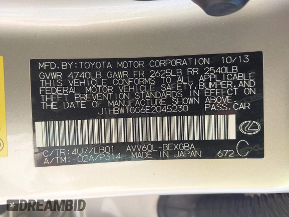 2014 Lexus ES 300h with VIN JTHBW1GG6E2045230, listed as a IAAI auction lot 42285678 with 351,398 mi miles and . Bid and sale history available at DreamBid. Image 9.