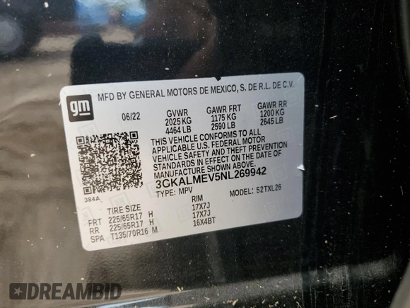 2022 GMC Terrain SLE with VIN 3GKALMEV5NL269942, listed as a Copart auction lot 54278465 with Not provided miles and Salvage title. Bid and sale history available at DreamBid. Image 14.