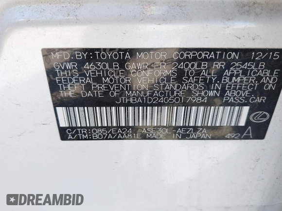 2016 Lexus IS 200t with VIN JTHBA1D24G5017984, listed as a IAAI auction lot 41975287 with 80,759 mi miles and . Bid and sale history available at DreamBid. Image 9.
