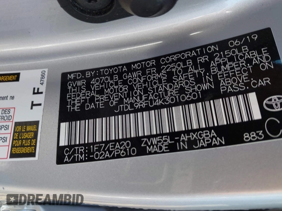 2019 Toyota Prius LE with VIN JTDL9RFU4K3010601, listed as a IAAI auction lot 41763901 with 62,560 mi miles and . Bid and sale history available at DreamBid. Image 9.