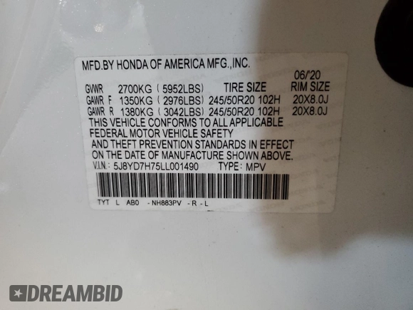 2020 Acura MDX Sport Hybrid w/Advance Pkg with VIN 5J8YD7H75LL001490, listed as a Copart auction lot 48782035 with 43,733 mi miles and Salvage Title. Bid and sale history available at carsss.com. Image 13.