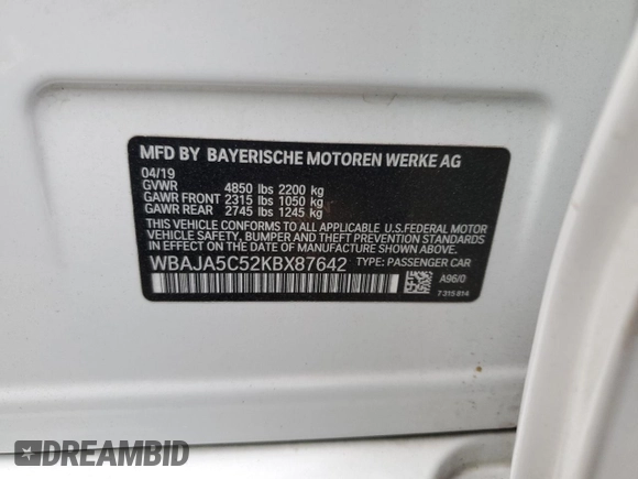 2019 BMW 5 Series 530i with VIN WBAJA5C52KBX87642, listed as a Copart auction lot 42022795 with Not Provided miles and Salvage Title. Bid and sale history available at DreamBid. Image 14.