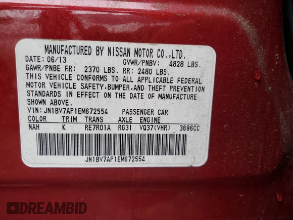 2014 Infiniti Q50 Premium z VIN JN1BV7AP1EM672554, wystawiony jako Copart lot #54788125 z przebiegiem 124 162 mil mil oraz Szkoda całkowita • Salvage title. Historia ofert i sprzedaży dostępna na DreamBid. Obrazek 12.