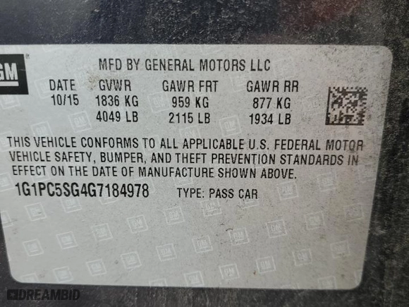 2016 Chevrolet Cruze Limited LS with VIN 1G1PC5SG4G7184978, listed as a Copart auction lot 51709185 with 75,611 mi miles and Clean Title. Bid and sale history available at carsss.com. Image 12.