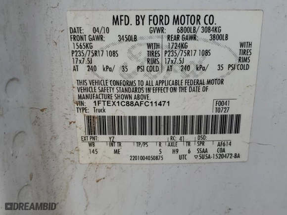 2010 Ford F-150 XL with VIN 1FTEX1C88AFC11471, listed as a Copart auction lot 45919605 with 184,392 mi miles and Salvage Title. Bid and sale history available at carsss.com. Image 14.