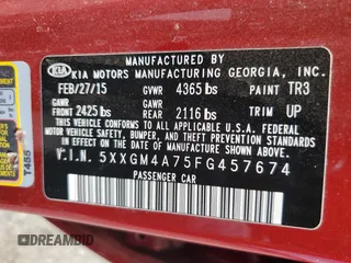 2015 Kia Optima LX with VIN 5XXGM4A75FG457674, listed as a Copart auction lot 50573355 with 125,943 mi miles and Salvage Title. Bid and sale history available at DreamBid. Image 12.