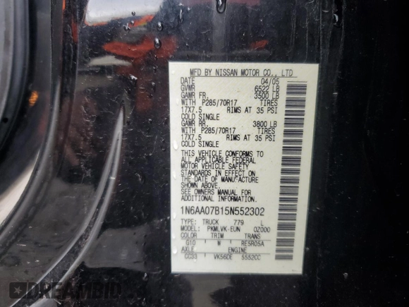 2005 Nissan Titan LE with VIN 1N6AA07B15N552302, listed as a Copart auction lot 44396985 with 172,401 mi miles and Salvage Title. Bid and sale history available at carsss.com. Image 12.
