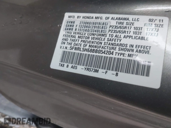 2011 Honda Odyssey EX-L with VIN 5FNRL5H68BB054204, listed as a IAAI auction lot 42576248 with Not provided miles and . Bid and sale history available at DreamBid. Image 9.
