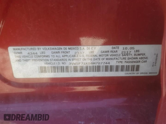 2006 Volkswagen Jetta 2.5L with VIN 3VWSF71K56M707744, listed as a Copart auction lot 84344674 with 78,218 mi miles and Salvage title. Bid and sale history available at DreamBid. Image 12.