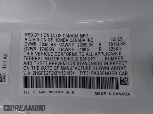 2023 Honda Civic Sedan LX with VIN 2HGFE2F2XPH531634, listed as a IAAI auction lot 41852064 with 24,458 mi miles. Bid and sale history available at carsss.com. Image 9.