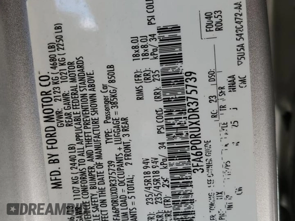 2013 Ford Fusion Titanium Hybrid with VIN 3FA6P0RUXDR375739, listed as a Copart auction lot 52332165 with 162,524 mi miles and Salvage Title. Bid and sale history available at DreamBid. Image 14.