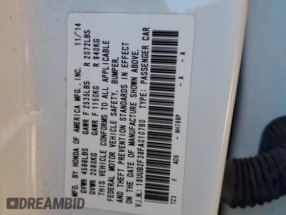 2015 Acura TLX V6 with VIN 19UUB2F38FA010790, listed as a Copart auction lot 58811015 with 73,973 mi miles and Salvage title. Bid and sale history available at DreamBid. Image 12.