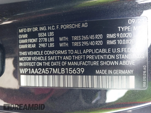 2021 Porsche Macan with VIN WP1AA2A57MLB15639, listed as a IAAI auction lot 41805322 with 41,568 mi miles and . Bid and sale history available at DreamBid. Image 9.