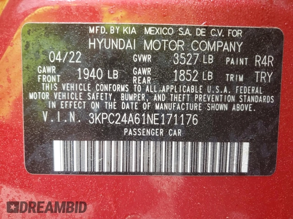 2022 Hyundai Accent SE with VIN 3KPC24A61NE171176, listed as a Copart auction lot 52094165 with 54,293 mi miles and Salvage Title. Bid and sale history available at carsss.com. Image 14.