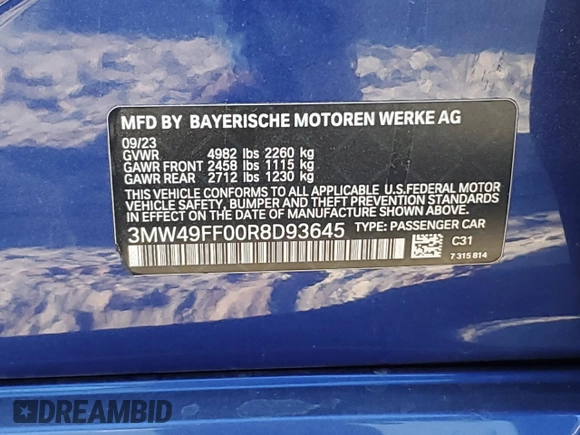2024 BMW 3 Series M340i xDrive with VIN 3MW49FF00R8D93645, listed as a Copart auction lot 80304054 with 19,811 mi miles and Salvage Title. Bid and sale history available at carsss.com. Image 12.