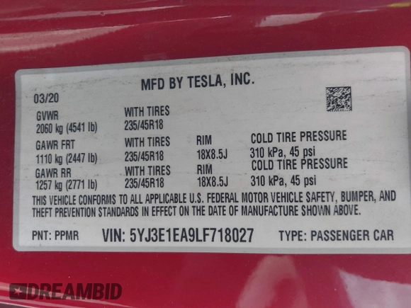 2020 Tesla Model 3 Standard Range Plus with VIN 5YJ3E1EA9LF718027, listed as a IAAI auction lot 41679320 with 68,987 mi miles. Bid and sale history available at carsss.com. Image 9.