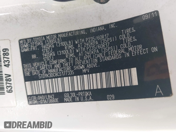 2012 Toyota Sienna XLE AAS с VIN 5TDYK3DC8CS177335, выставлен на аукционе IAAI как лот 42529501 с пробегом 215 170 миль миль и . История ставок и продаж доступна на DreamBid. Изображение 9.