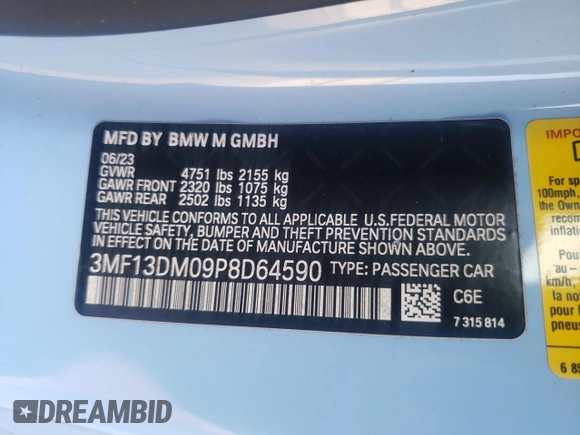 2023 BMW M2 with VIN 3MF13DM09P8D64590, listed as a Copart auction lot 44080105 with 0 mi miles and Salvage Title. Bid and sale history available at carsss.com. Image 12.