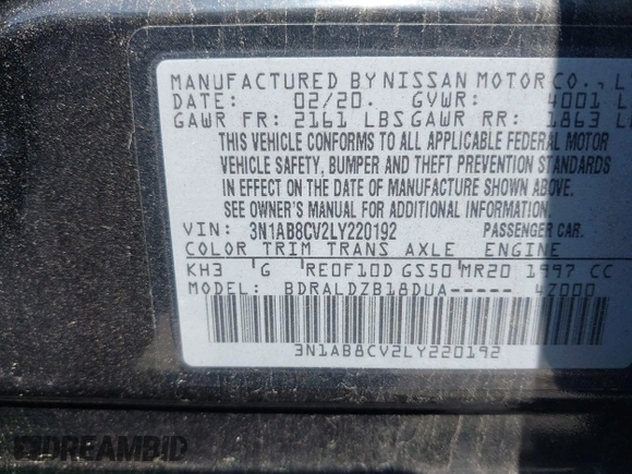 2020 Nissan Sentra SV with VIN 3N1AB8CV2LY220192, listed as a IAAI auction lot 41931721 with 37,621 mi miles. Bid and sale history available at carsss.com. Image 9.