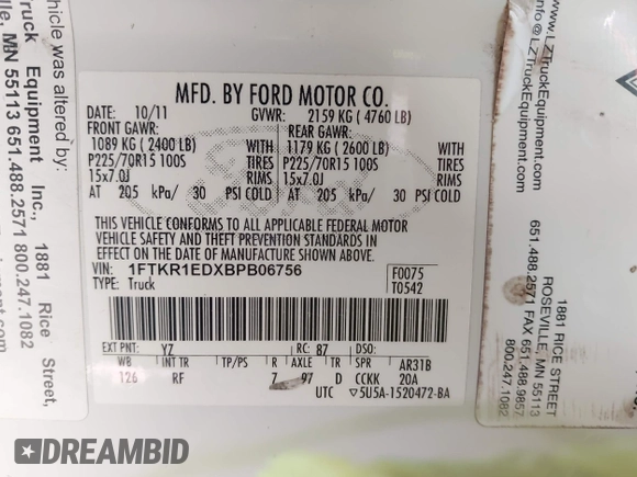 2011 Ford Ranger XL with VIN 1FTKR1EDXBPB06756, listed as a IAAI auction lot 42062357 with 148,660 mi miles and . Bid and sale history available at DreamBid. Image 9.