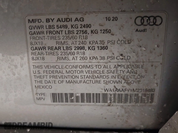 2021 Audi Q5 Premium with VIN WA1AAAFY1M2018483, listed as a IAAI auction lot 41606572 with 39,647 mi miles. Bid and sale history available at carsss.com. Image 9.