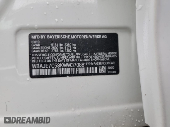2019 BMW 5 Series 540i xDrive with VIN WBAJE7C58KWW37088, listed as a Copart auction lot 57759905 with 64,621 mi miles and Salvage title. Bid and sale history available at DreamBid. Image 13.
