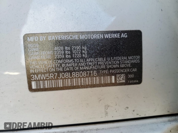 2020 BMW 3 Series 330i xDrive with VIN 3MW5R7J08L8B08716, listed as a Copart auction lot 72924792 with Not Provided miles and . Bid and sale history available at DreamBid. Image 13.