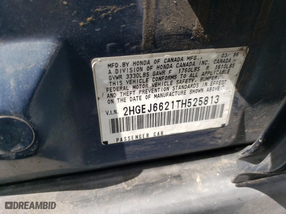1996 Honda Civic DX with VIN 2HGEJ6621TH525813, listed as a Copart auction lot 48151765 with 229,339 mi miles and Salvage Title. Bid and sale history available at carsss.com. Image 12.