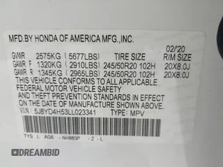 2020 Acura MDX Technology with VIN 5J8YD4H53LL023341, listed as a IAAI auction lot 42096633 with 48,546 mi miles and . Bid and sale history available at DreamBid. Image 9.