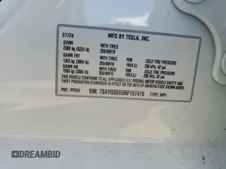 2024 Tesla Model Y Long Range с VIN 7SAYGDEE6RF157415, выставлен на аукционе Copart как лот 54950915 с пробегом 20 567 миль миль и Списание • Salvage title. История ставок и продаж доступна на DreamBid. Изображение 12.